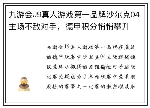 九游会J9真人游戏第一品牌沙尔克04主场不敌对手，德甲积分悄悄攀升