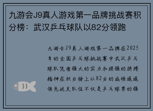 九游会J9真人游戏第一品牌挑战赛积分榜：武汉乒乓球队以82分领跑