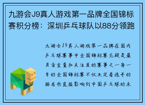 九游会J9真人游戏第一品牌全国锦标赛积分榜：深圳乒乓球队以88分领跑，实力尽显